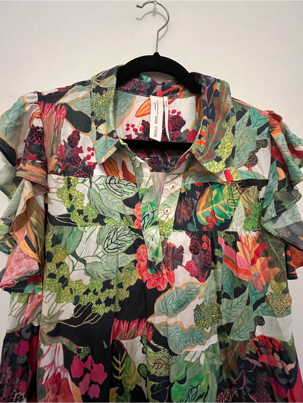 Anthropologie Tropical Floral Ruffle Tunic - Green, Black, Red